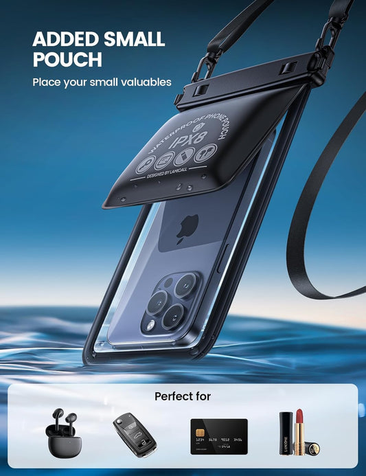 Phone Pouch Case - [Double Space] IPX8 Water Proof Cell Phone Dry Bag with Lanyard, Beach Cruise Ship Essentials for iPhone 16 15 14 13 Pro Max, Galaxy S25 S24, 4-7.5" Black